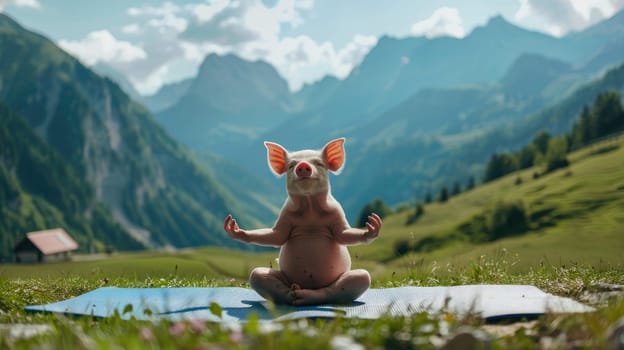 A little pig in a yoga, Adorable pig doing yoga with nature sunset background.