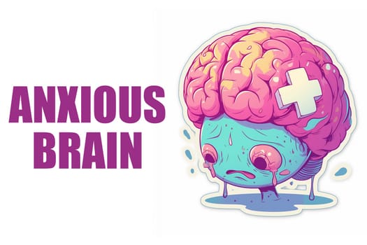 Anxious brain cartoon illustration with a sad, crying expression.