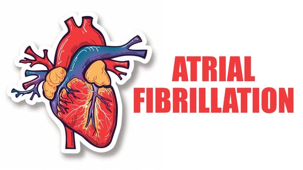 A detailed illustration of a human heart with the words Atrial Fibrillation in red text.