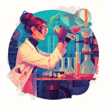 An illustration of a biomedical engineer wearing a lab coat and goggles, working with chemicals in a laboratory.