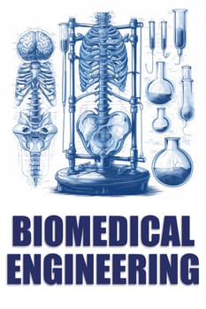 A vintage, hand-drawn illustration of the human skeletal system and laboratory equipment, designed for the field of biomedical engineering.