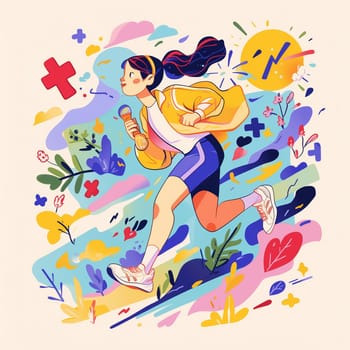 Colorful illustration of a woman running in a landscape made of colorful abstract shapes, plants, and flowers.