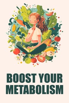 A woman sits in meditation surrounded by various fruits and vegetables, illustrating the benefits of a healthy diet for boosting your metabolism.