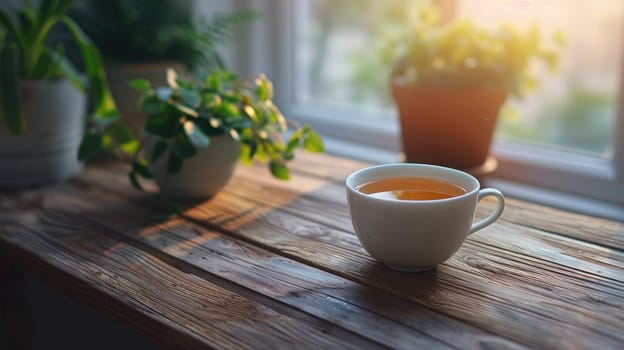 A serene workspace with a simple wooden desk, a cup of tea and gentle bokeh effects, Mindfulness and minimalism.