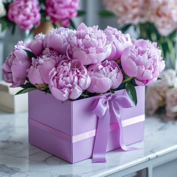 A purple box with a ribbon tied around it contains a bouquet of pink peonies. The flowers are arranged in a way that makes them look like they are in a vase