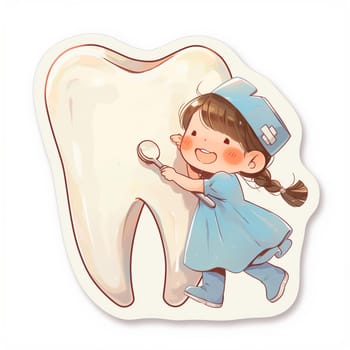 A cute cartoon girl dressed as a dentist examines a large cartoon tooth with a mirror.