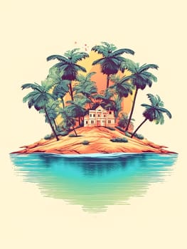 A tropical island with palm trees and a house. The water is blue and the sky is orange