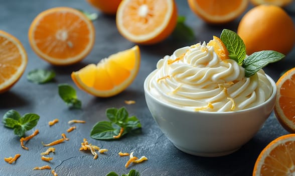 A bowl of whipped cream surrounded by oranges. Selective focus.