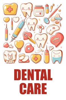 A whimsical illustration featuring various dental care tools and happy teeth on a white background.