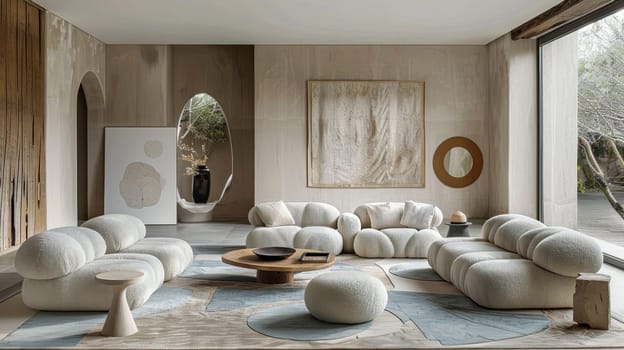 Serene Living Room with Muted Color Palette Concept Featuring Soft Beige and Pastel Blue Furniture Minimalist Decor for Harmonious Cohesive Look.