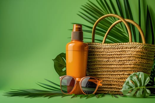 A close-up image of a bottle of sunscreen, a pair of sunglasses, and a woven bag on a green background.