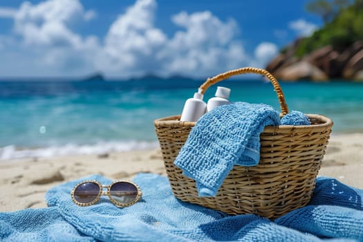 A wicker basket filled with towels and sunscreen sits on a sandy beach in a tropical location.