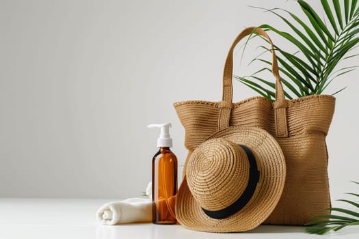 A straw bag with a hat inside, a bottle of sunscreen, and a white towel on a white tabletop.