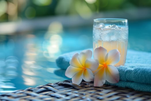 A glass of iced beverage sits on a wicker table beside a pool, with two tropical flowers and a blue towel nearby.