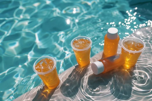 Four orange-colored beverages and a bottle of sunblock are sitting on the edge of a swimming pool.