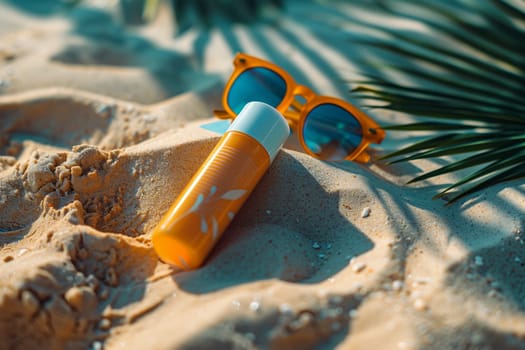 A close-up of a sunscreen bottle and sunglasses lying on the beach sand.