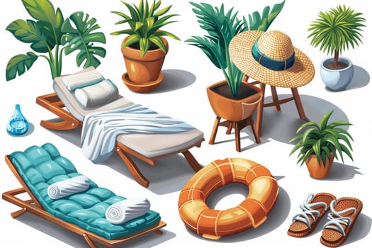 A digital illustration of a comfortable lounge chair with pillows and towels, surrounded by tropical plants, a pool float, sandals, and a straw hat.