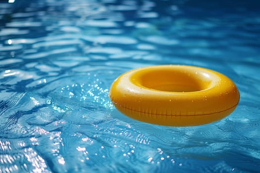 A bright yellow inflatable ring floats on the surface of a clear blue pool of water.