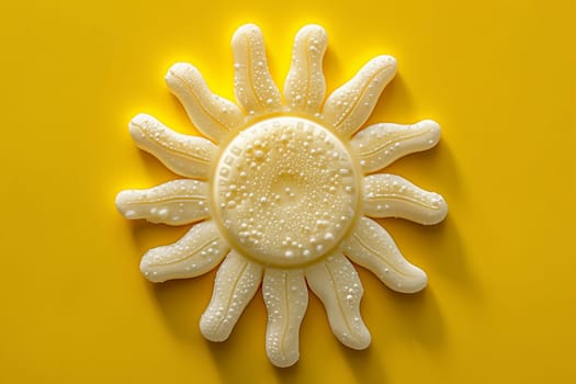 A close-up image of a white cream sun on a yellow background. The sun is made of a white cream, and it has a swirly texture. The background is yellow and has a painted texture.