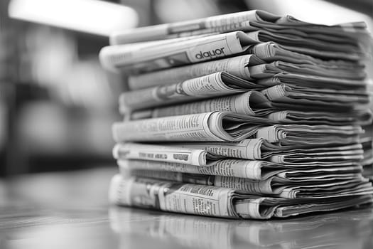 A stack of newspapers neatly arranged on top of a wooden table.