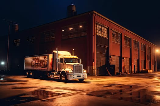 A semi truck is parked in front of a large building. The truck is white and has a Coca-Cola logo on the side. The scene is set at night, with the truck and building illuminated by street lights