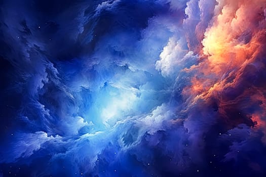 A colorful space scene with blue, red, and yellow clouds. The sky is filled with stars and the clouds are illuminated by the light of the stars. Scene is one of wonder