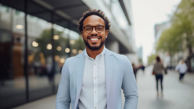 Confident happy smiling black entrepreneur standing in the city, african businessman wearing business suit, looking at camera