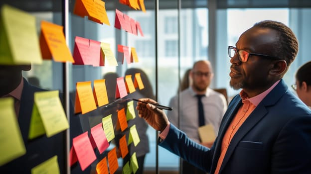 Board room, business, office, creative businessman planning, brainstorming with sticky notes for ideas, man making note, sets task for company growth