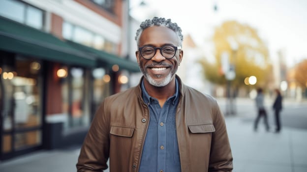 Confident happy smiling mature African businessman standing in the city, wearing casual clothes, glasses, looking at camera