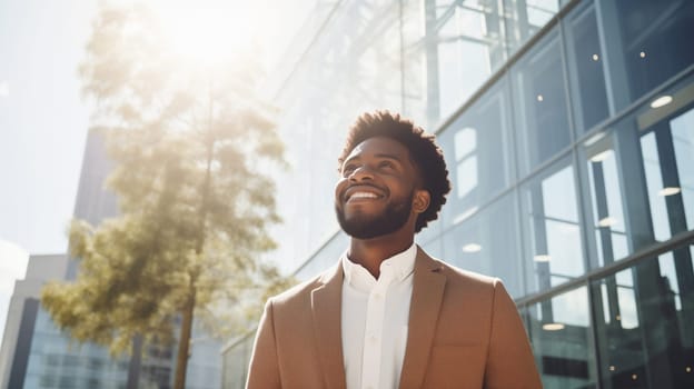 Confident happy smiling black entrepreneur standing in the city, african businessman wearing business suit, looking away
