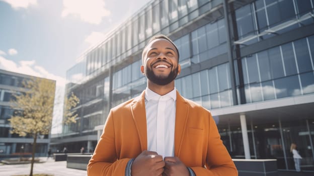 Confident happy smiling black entrepreneur standing in the city, african businessman wearing business suit, looking away