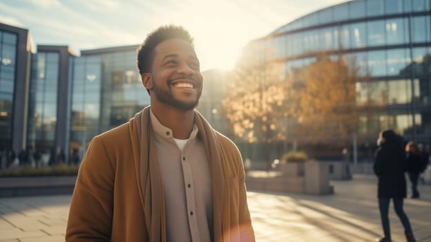 Fashionable portrait of stylish happy laughing black American young man standing in sunny city