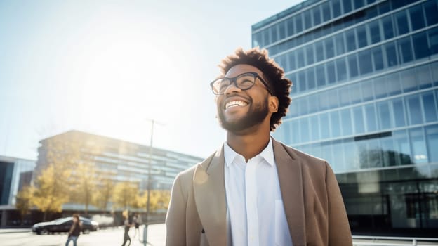 Confident happy smiling black entrepreneur standing in the city, african businessman wearing business suit, looking away