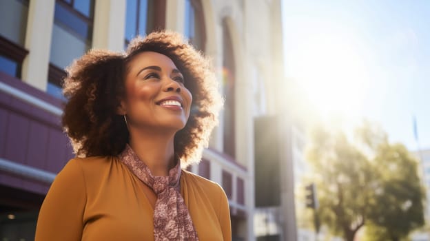 Portrait of stylish happy smiling mature black business woman standing in the city, wearing casual clothes and looking away