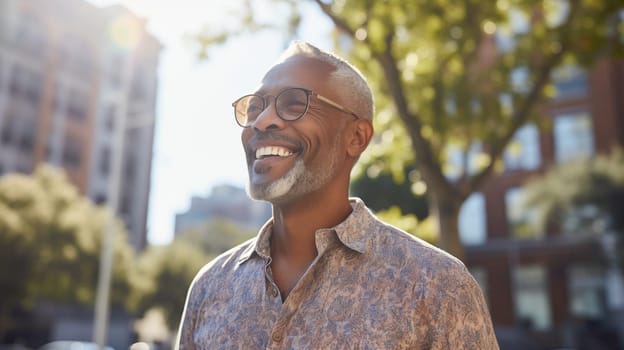 Confident happy smiling mature black entrepreneur standing in the city, African businessman wearing glasses, casual clothes outdoors looking away