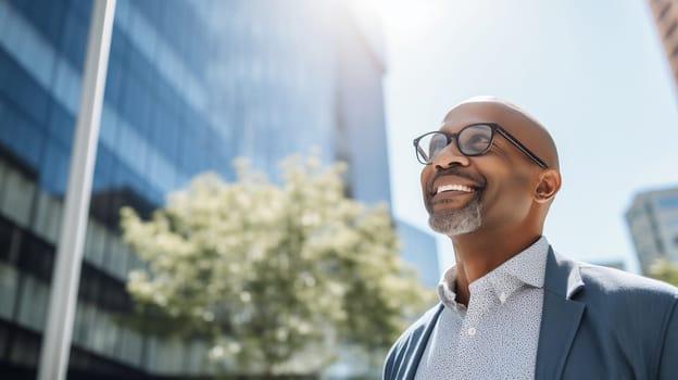 Confident happy smiling mature African businessman standing in the city, wearing glasses, looking away