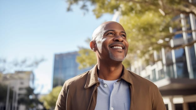 Confident happy smiling mature black entrepreneur standing in the city, African businessman wearing casual clothes outdoors looking away