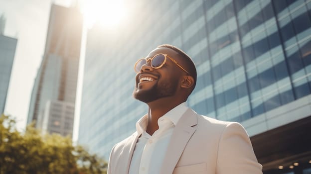 Confident happy smiling black entrepreneur standing in the city, african businessman wearing business suit, looking away