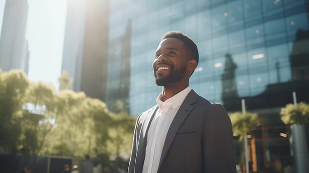 Confident happy smiling black entrepreneur standing in the city, african businessman wearing business suit, looking away