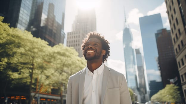 Confident happy smiling black entrepreneur standing in the city, african businessman wearing business suit, looking away