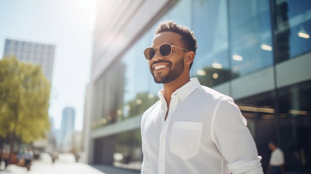 Confident happy smiling black entrepreneur standing in the city, african businessman wearing glasses, white shirt and looking away