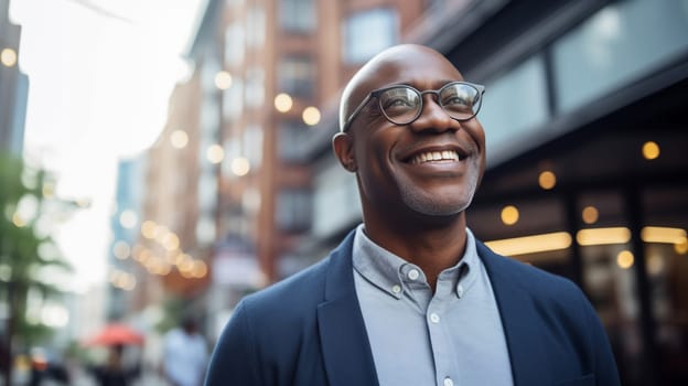 Confident happy smiling mature African businessman standing in the city, wearing glasses, looking away