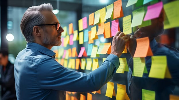 Board room, business, office, creative businessman planning, brainstorming with sticky notes for ideas, man making note, sets task for company growth