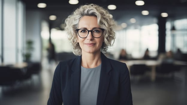 Portrait of confident happy smiling businesswoman standing in the office, female entrepreneur wearing business suit, glasses looking at camera