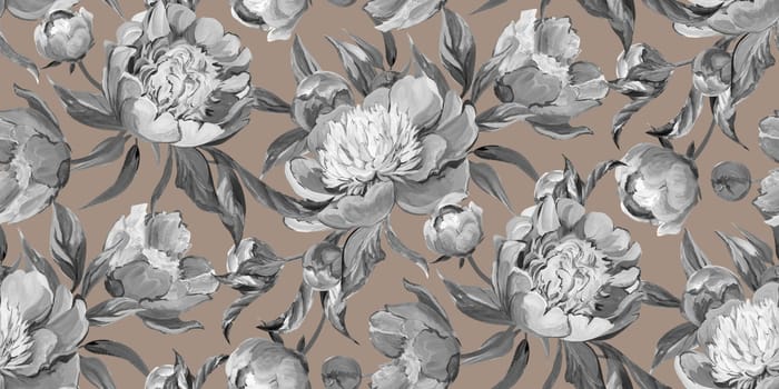 Seamless monochrome pattern with peonies drawn in gouache for textile