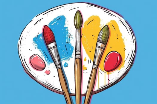 Artistic paint brushes and colorful paint on a plate with brush in the middle for creative crafting inspiration