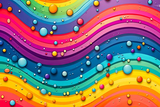 A rainbow with drops of water on it. The drops are of different colors, creating a vibrant and lively atmosphere