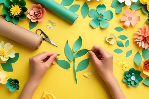 Woman's hands creating decorative paper flowers with scissors on vibrant yellow background symbolizing creativity and artistry