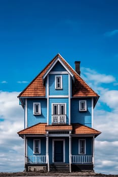 A blue house with a red roof and white trim. The house is small and has a porch. The sky is blue and there are clouds in the background