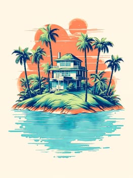 A house is on a small island in the ocean. The house is surrounded by palm trees. The sky is orange and the water is blue